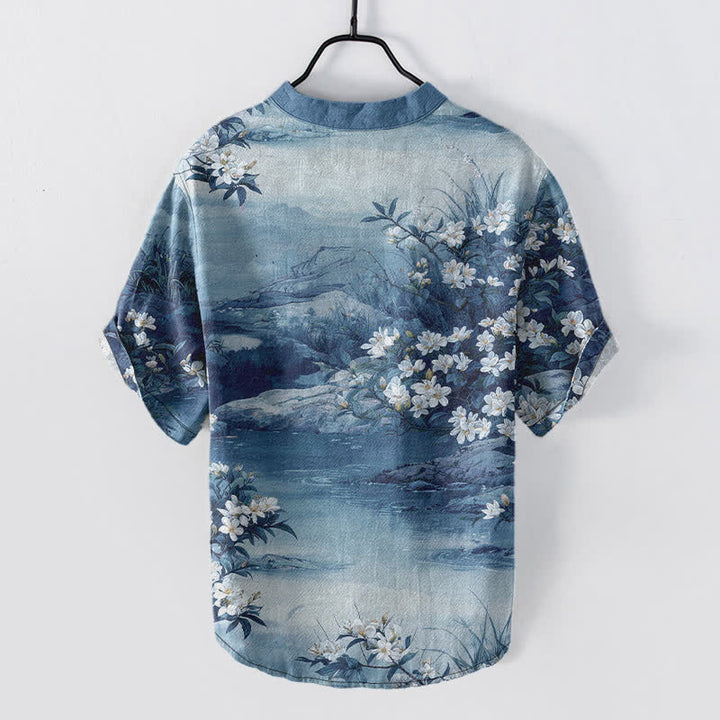 Buddha Stones Camisa de manga corta con medio botón para hombre, de algodón, con estampado floral acuarela. - image 6