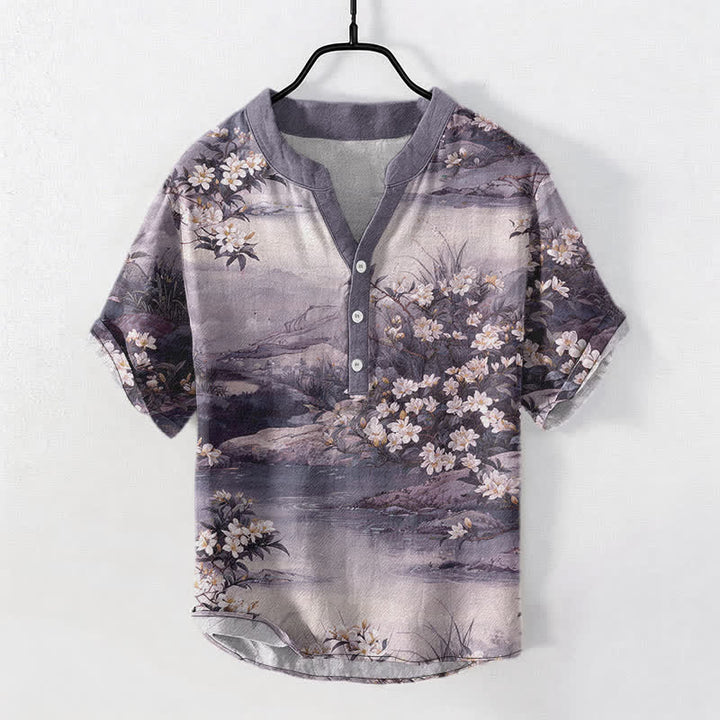 Buddha Stones Camisa de manga corta con medio botón para hombre, de algodón, con estampado floral acuarela. - Lavanda - US/UK/AU50, EU60 (5XL) - image 7