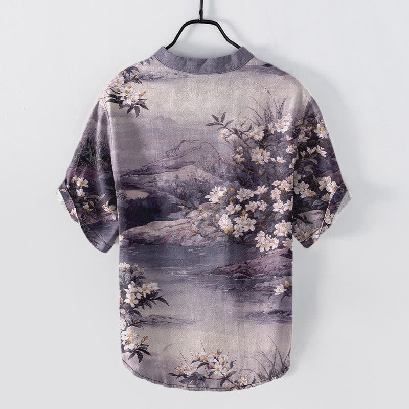 Buddha Stones Camisa de manga corta con medio botón para hombre, de algodón, con estampado floral acuarela. - image 8