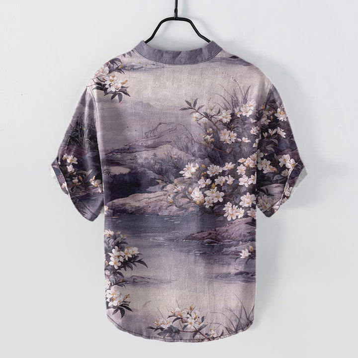 Buddha Stones Camisa de manga corta con medio botón para hombre, de algodón, con estampado floral acuarela. - image 8