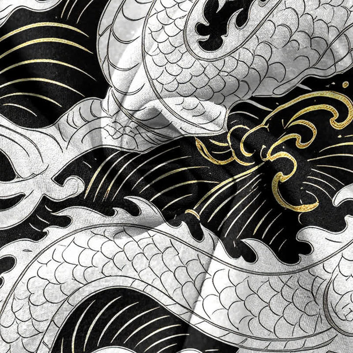 Buddha Stones Camisa de manga corta con medio botón para hombre, de algodón blanco, con estampado de olas de dragón. - image 4
