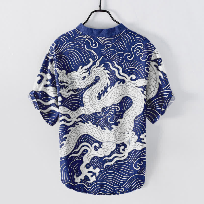 Buddha Stones Camisa de manga corta con medio botón para hombre, de algodón blanco, con estampado de olas de dragón. - image 8