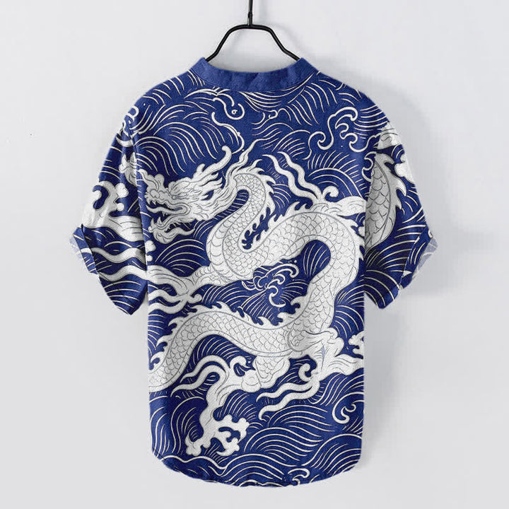 Buddha Stones Camisa de manga corta con medio botón para hombre, de algodón blanco, con estampado de olas de dragón. - image 8