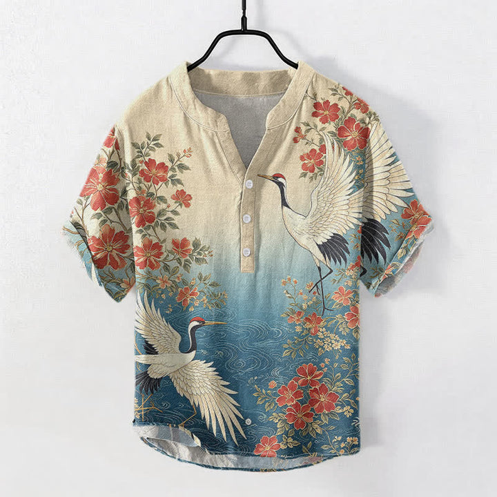 Buddha Stones Camisa de manga corta con medio botón para hombre, de algodón, con estampado floral de grulla oriental y ondas. - Azul acero - US/UK/AU50, EU60 (5XL) - image 0