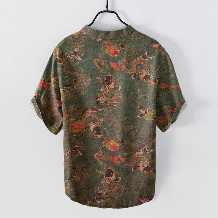 Buddha Stones Camisa de manga corta con medio botón para hombre, de algodón, con estampado de peces koi y loto. - image 6