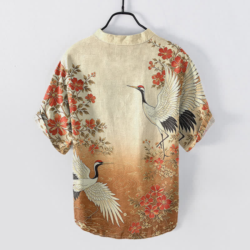 Buddha Stones Camisa de manga corta con medio botón para hombre, de algodón, con estampado floral de grulla oriental y ondas. - image 4