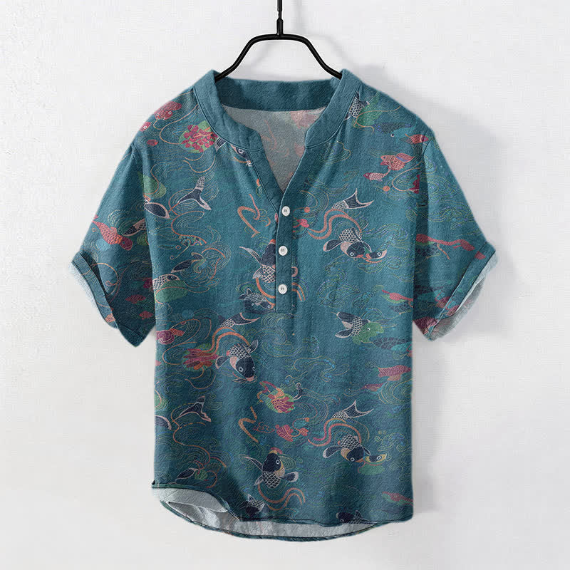 Buddha Stones Camisa de manga corta con medio botón para hombre, de algodón, con estampado de peces koi y loto. - Verde azulado - US/UK/AU50, EU60 (5XL) - image 7