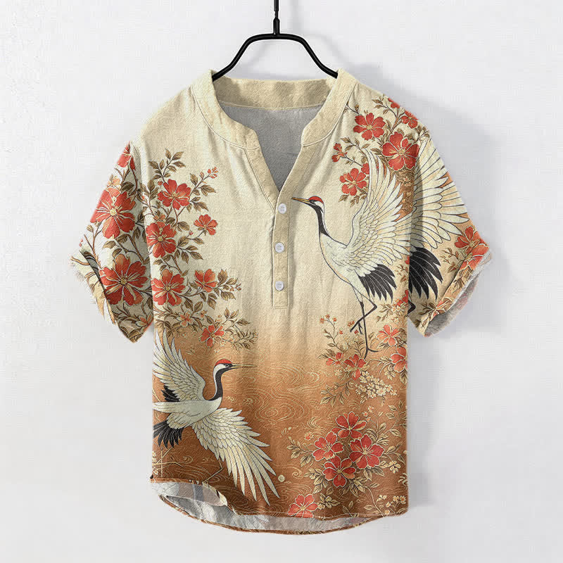 Buddha Stones Camisa de manga corta con medio botón para hombre, de algodón, con estampado floral de grulla oriental y ondas. - Perú - US/UK/AU50, EU60 (5XL) - image 3