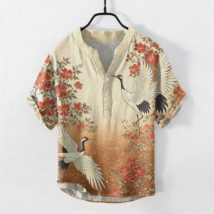 Buddha Stones Camisa de manga corta con medio botón para hombre, de algodón, con estampado floral de grulla oriental y ondas. - Perú - US/UK/AU50, EU60 (5XL) - image 3