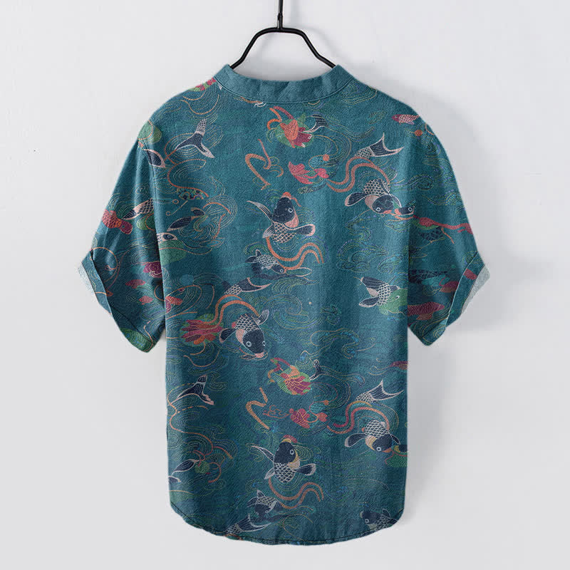 Buddha Stones Camisa de manga corta con medio botón para hombre, de algodón, con estampado de peces koi y loto. - image 8