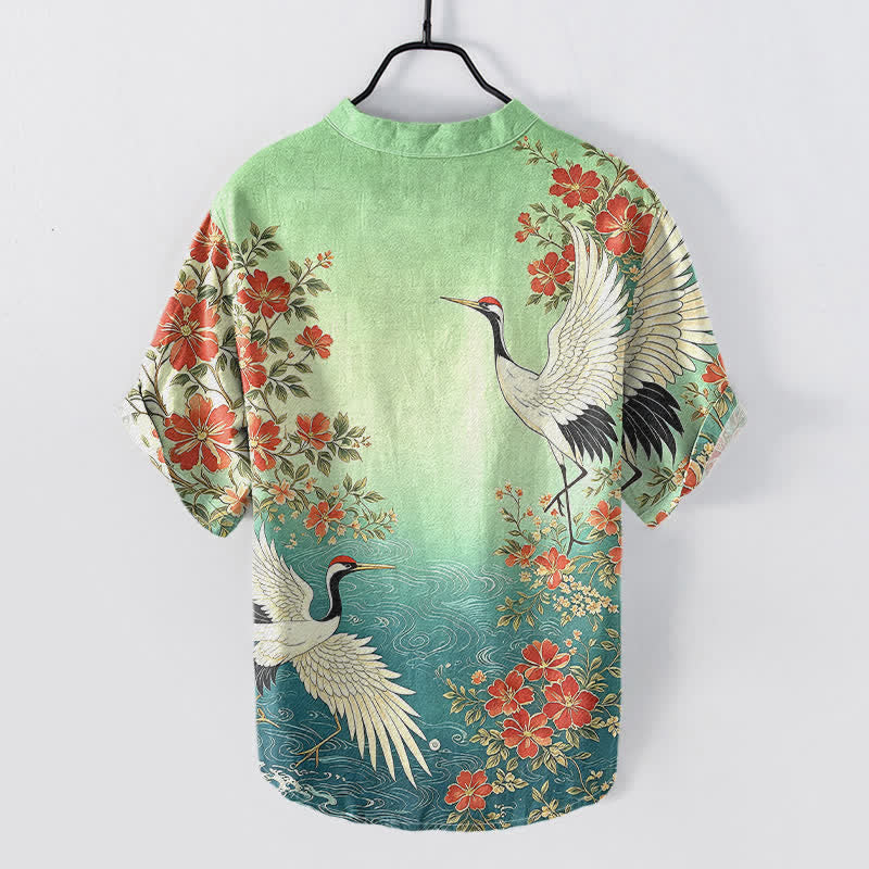 Buddha Stones Camisa de manga corta con medio botón para hombre, de algodón, con estampado floral de grulla oriental y ondas. - image 6