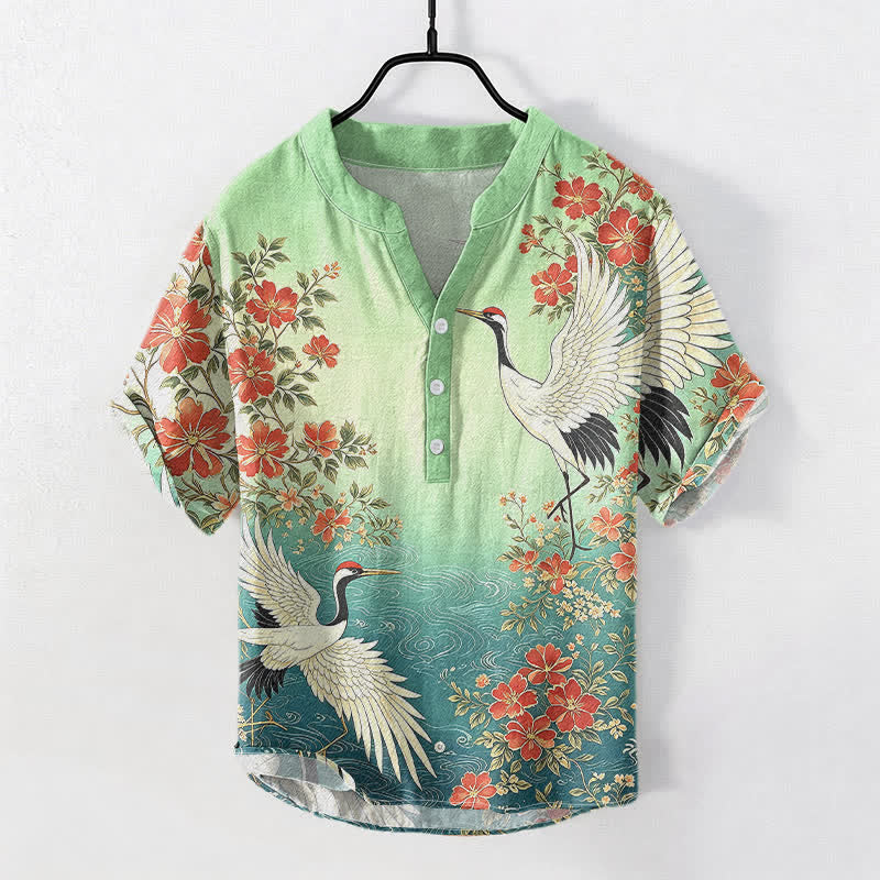 Buddha Stones Camisa de manga corta con medio botón para hombre, de algodón, con estampado floral de grulla oriental y ondas. - Verde mar claro - US/UK/AU50, EU60 (5XL) - image 5