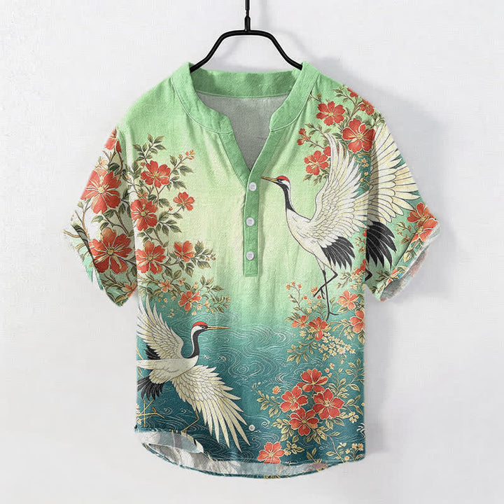 Buddha Stones Camisa de manga corta con medio botón para hombre, de algodón, con estampado floral de grulla oriental y ondas. - Verde mar claro - US/UK/AU50, EU60 (5XL) - image 5