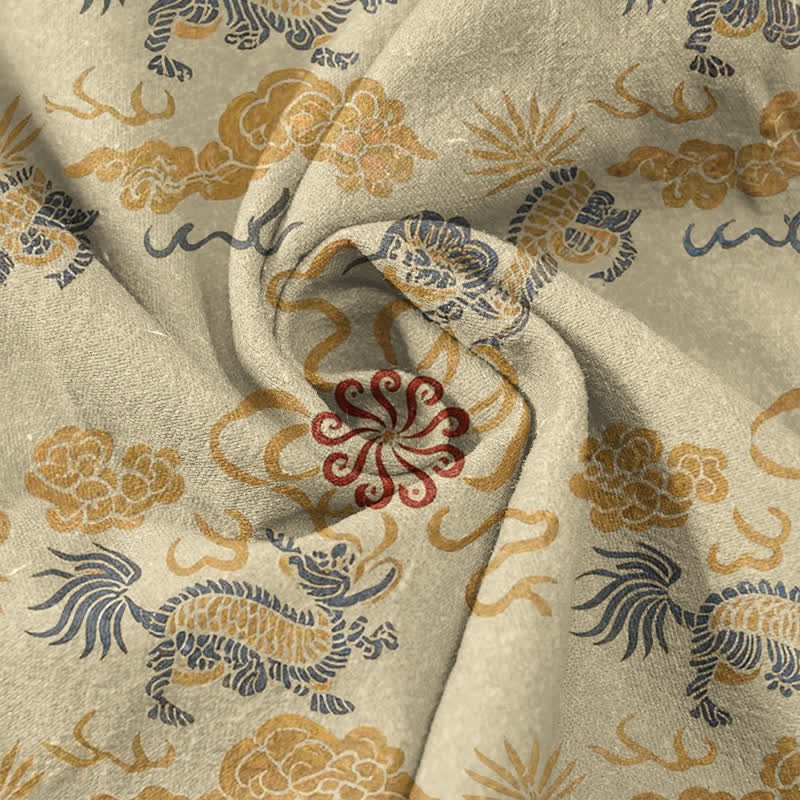 Buddha Stones Camisa de manga corta con medio botón para hombre, de algodón, con estampado floral oriental de nubes y olas. - image 2