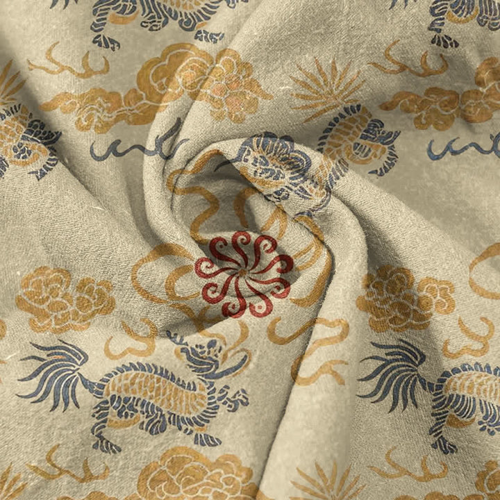 Buddha Stones Camisa de manga corta con medio botón para hombre, de algodón, con estampado floral oriental de nubes y olas. - image 2