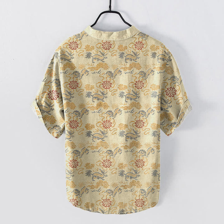 Buddha Stones Camisa de manga corta con medio botón para hombre, de algodón, con estampado floral oriental de nubes y olas. - image 1