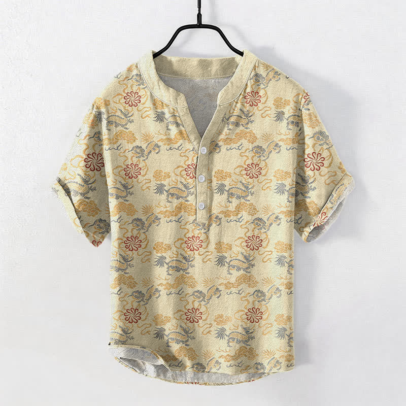 Buddha Stones Camisa de manga corta con medio botón para hombre, de algodón, con estampado floral oriental de nubes y olas. - Beige - US/UK/AU50, EU60 (5XL) - image 0