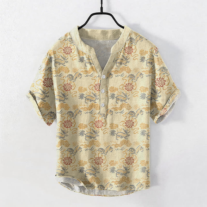 Buddha Stones Camisa de manga corta con medio botón para hombre, de algodón, con estampado floral oriental de nubes y olas. - Beige - US/UK/AU50, EU60 (5XL) - image 0