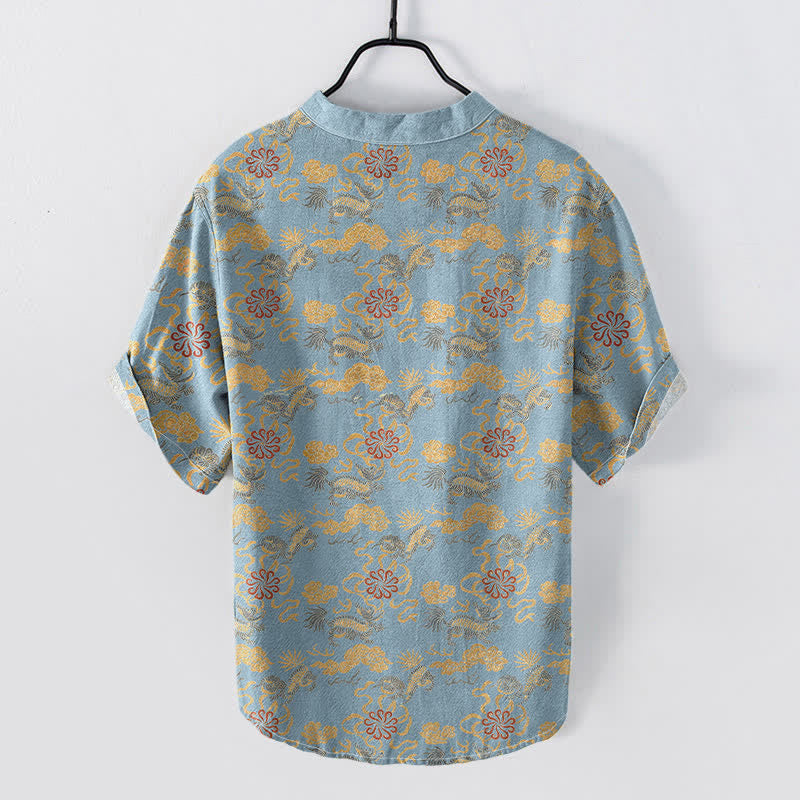 Buddha Stones Camisa de manga corta con medio botón para hombre, de algodón, con estampado floral oriental de nubes y olas. - image 4