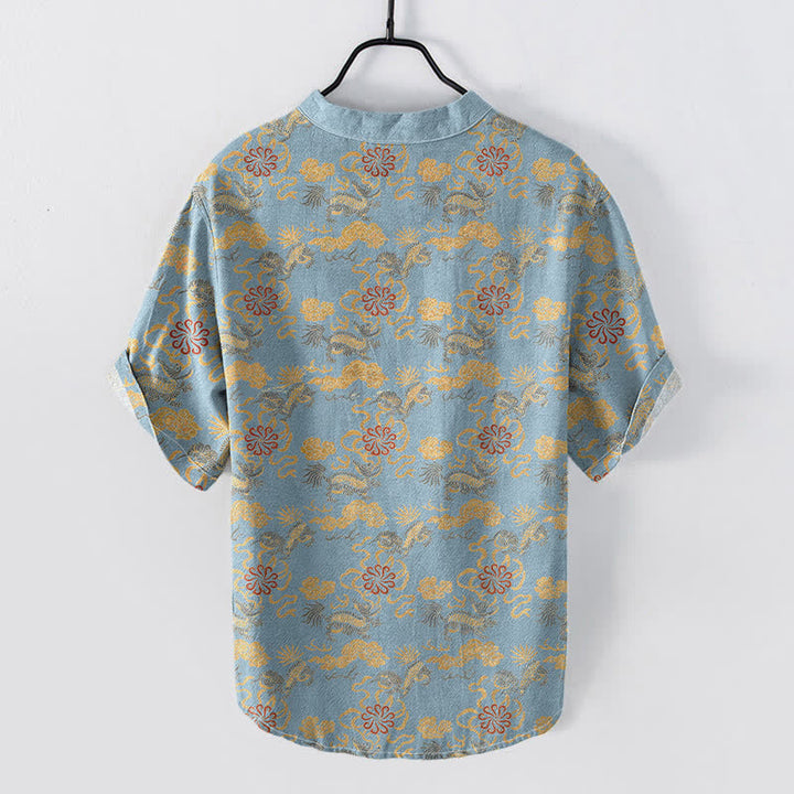 Buddha Stones Camisa de manga corta con medio botón para hombre, de algodón, con estampado floral oriental de nubes y olas. - image 4