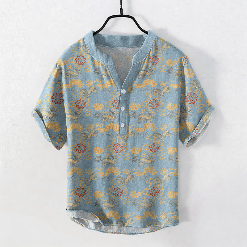 Buddha Stones Camisa de manga corta con medio botón para hombre, de algodón, con estampado floral oriental de nubes y olas. - Azul claro - US/UK/AU50, EU60 (5XL) - image 3