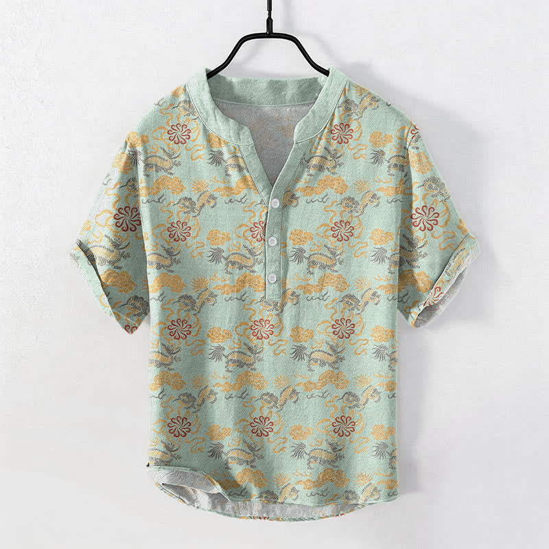 Buddha Stones Camisa de manga corta con medio botón para hombre, de algodón, con estampado floral oriental de nubes y olas. - Crema de menta - US/UK/AU50, EU60 (5XL) - image 5