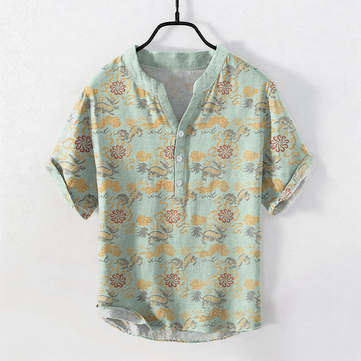 Buddha Stones Camisa de manga corta con medio botón para hombre, de algodón, con estampado floral oriental de nubes y olas. - Crema de menta - US/UK/AU50, EU60 (5XL) - image 5