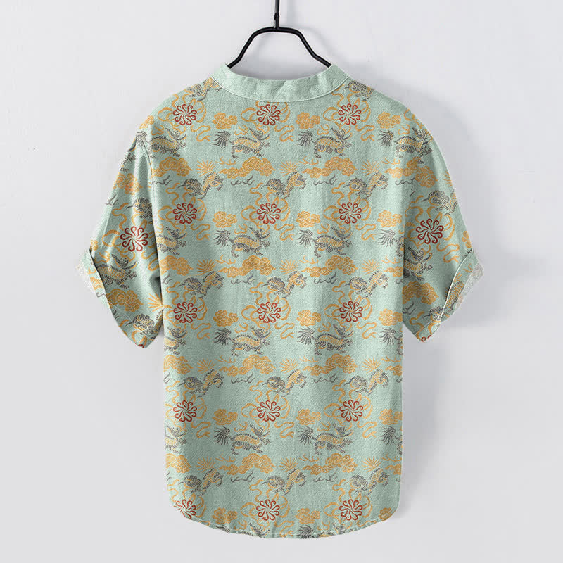 Buddha Stones Camisa de manga corta con medio botón para hombre, de algodón, con estampado floral oriental de nubes y olas. - image 6