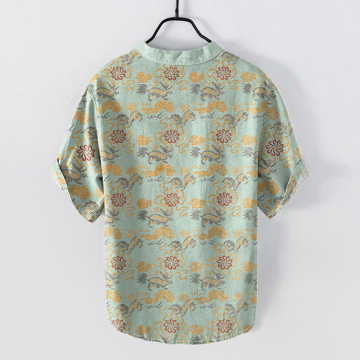 Buddha Stones Camisa de manga corta con medio botón para hombre, de algodón, con estampado floral oriental de nubes y olas. - image 6