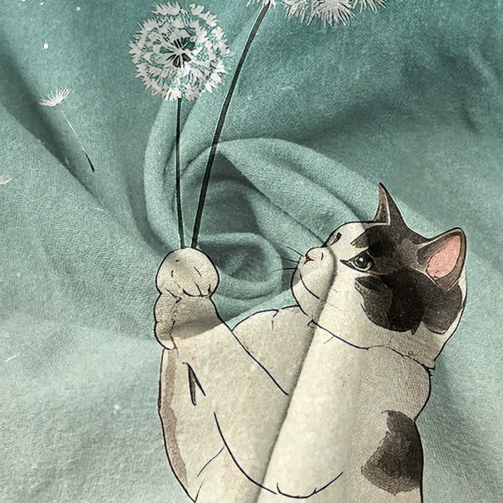 Buddha Stones Camisa de manga corta con medio botón y estampado de diente de león y gato dibujado a mano para hombre, de algodón. - image 2