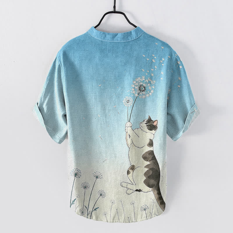Buddha Stones Camisa de manga corta con medio botón y estampado de diente de león y gato dibujado a mano para hombre, de algodón. - image 4