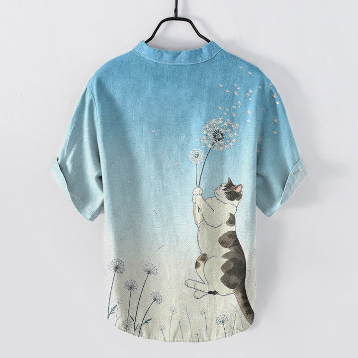 Buddha Stones Camisa de manga corta con medio botón y estampado de diente de león y gato dibujado a mano para hombre, de algodón. - image 4