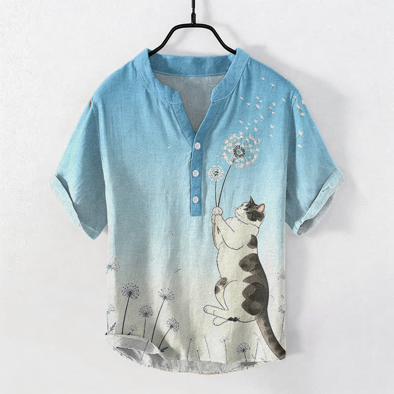 Buddha Stones Camisa de manga corta con medio botón y estampado de diente de león y gato dibujado a mano para hombre, de algodón. - Celeste - US/UK/AU50, EU60 (5XL) - image 3