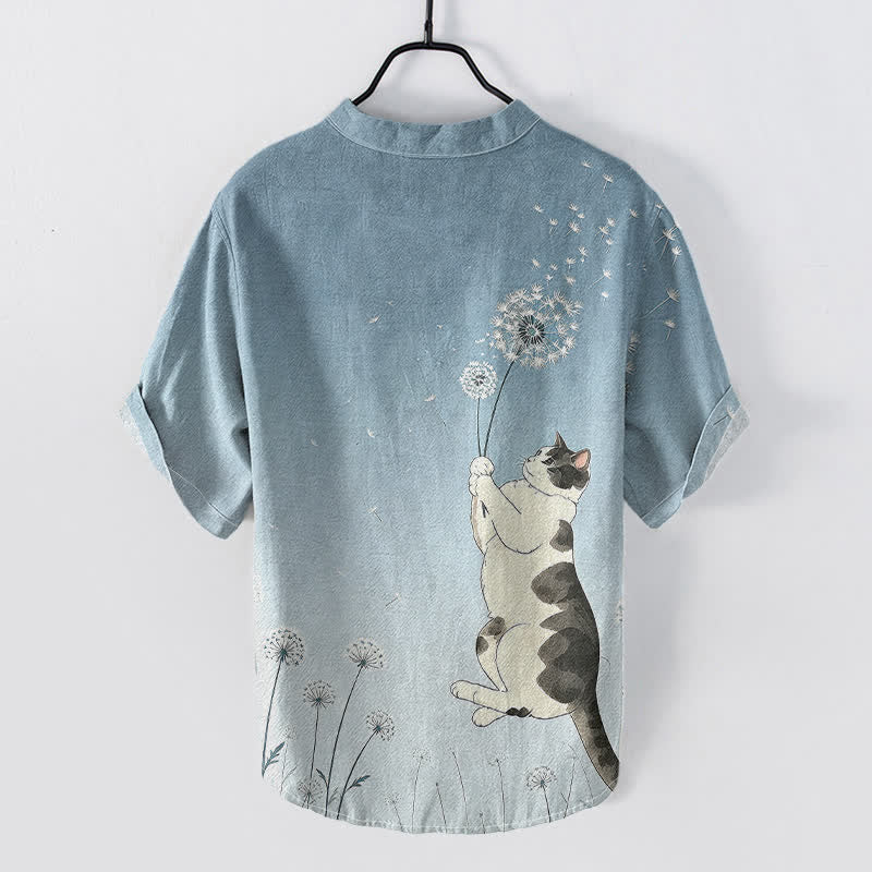 Buddha Stones Camisa de manga corta con medio botón y estampado de diente de león y gato dibujado a mano para hombre, de algodón. - image 6