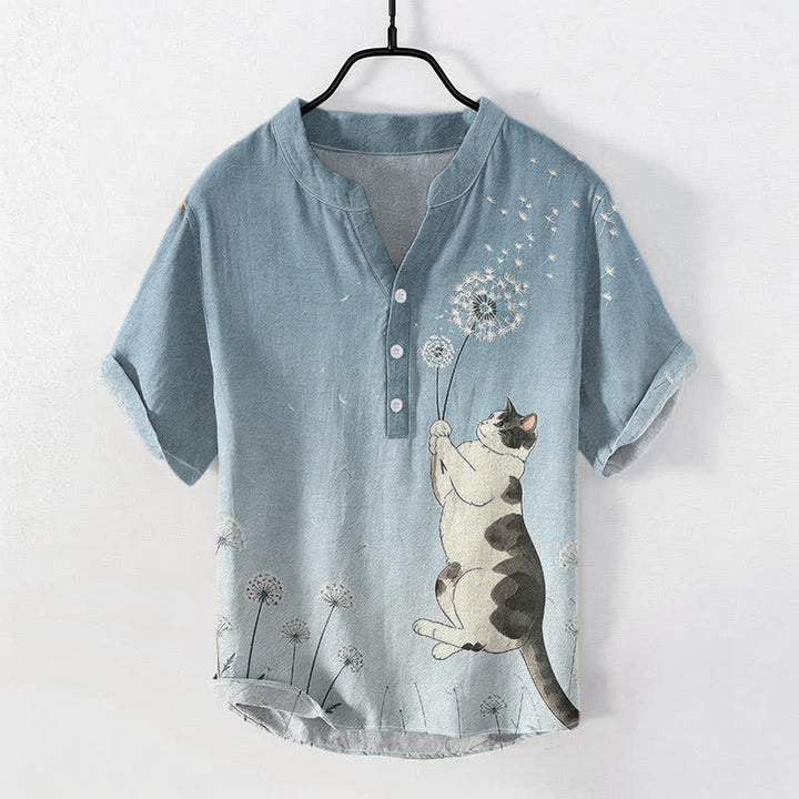 Buddha Stones Camisa de manga corta con medio botón y estampado de diente de león y gato dibujado a mano para hombre, de algodón. - Azul acero claro - US/UK/AU50, EU60 (5XL) - image 5
