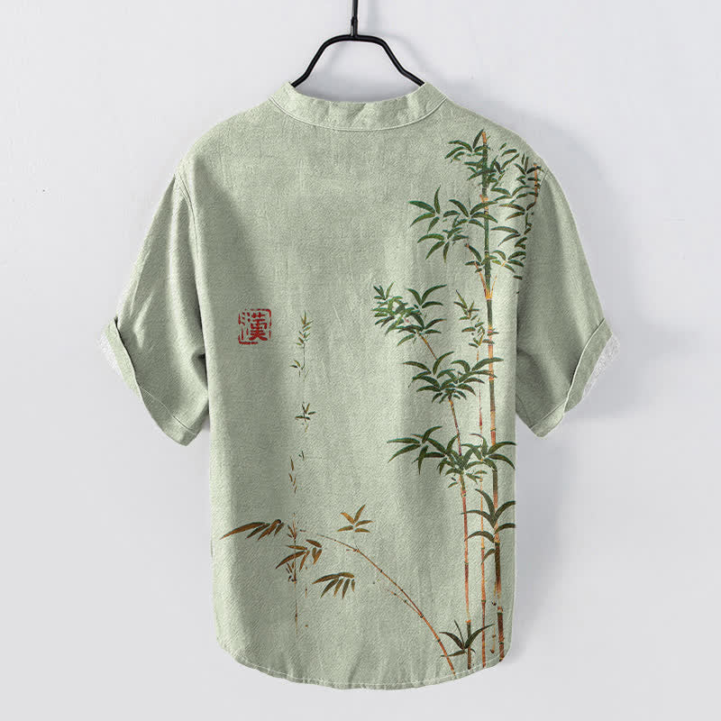 Buddha Stones Camisa de manga corta con medio botón para hombre, de algodón y bambú, con estampado de lavado a la tinta. - image 1