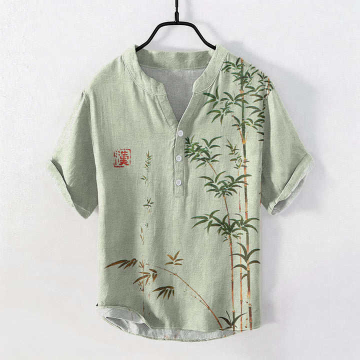 Buddha Stones Camisa de manga corta con medio botón para hombre, de algodón y bambú, con estampado de lavado a la tinta. - Verde pálido - US/UK/AU50, EU60 (5XL) - image 0