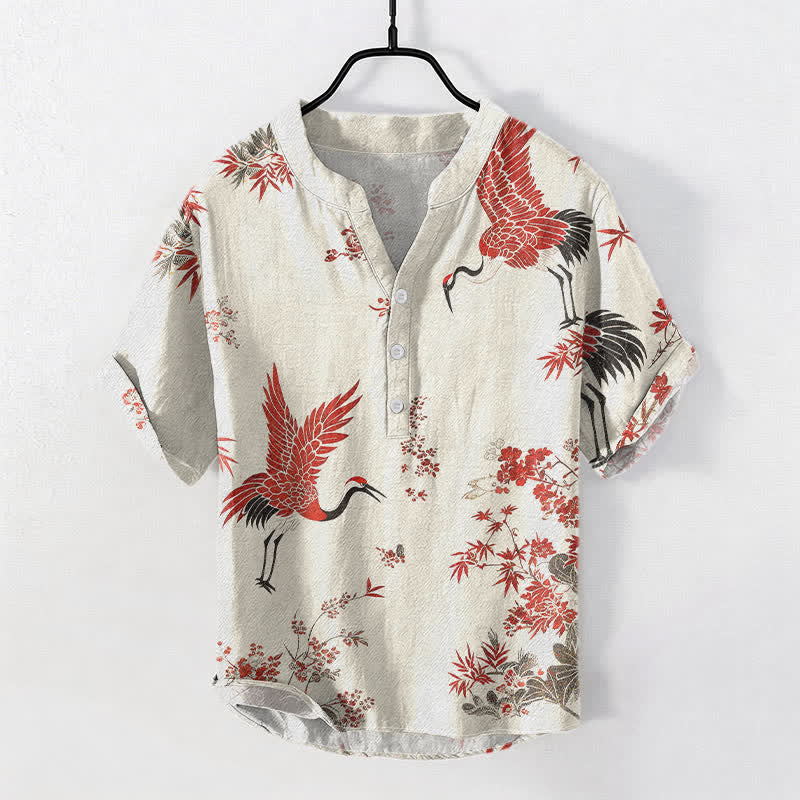 Buddha Stones Camisa de manga corta con medio botón para hombre, de algodón rojo con estampado floral de grullas. - Lino - US/UK/AU50, EU60 (5XL) - image 0
