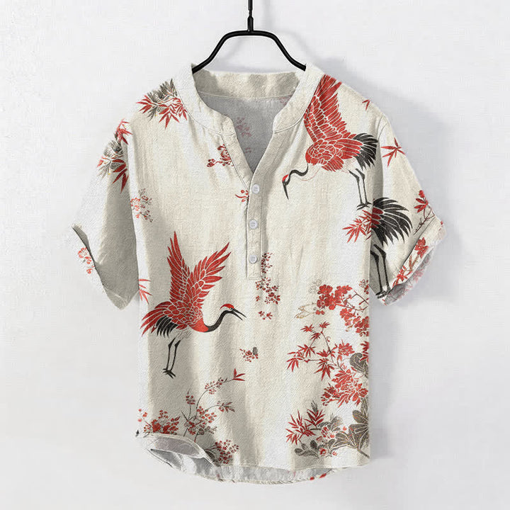 Buddha Stones Camisa de manga corta con medio botón para hombre, de algodón rojo con estampado floral de grullas. - Lino - US/UK/AU50, EU60 (5XL) - image 0