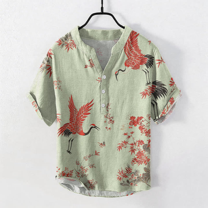 Buddha Stones Camisa de manga corta con medio botón para hombre, de algodón rojo con estampado floral de grullas. - Verde pálido - US/UK/AU50, EU60 (5XL) - image 3