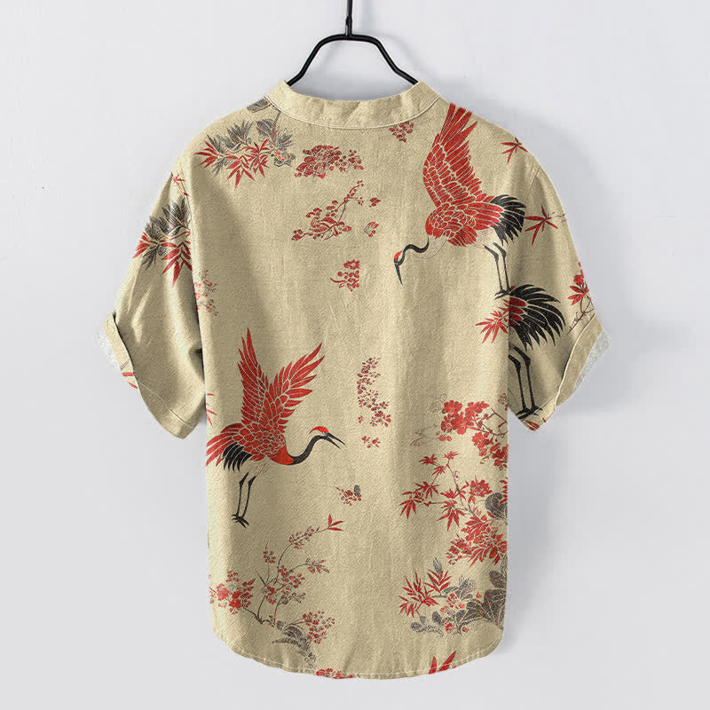 Buddha Stones Camisa de manga corta con medio botón para hombre, de algodón rojo con estampado floral de grullas. - image 6