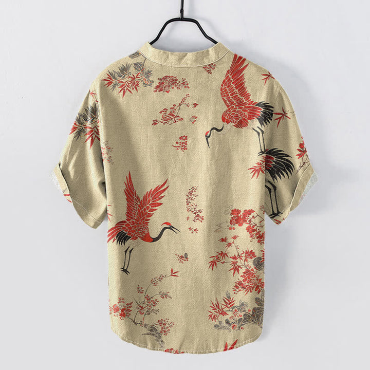 Buddha Stones Camisa de manga corta con medio botón para hombre, de algodón rojo con estampado floral de grullas. - image 6