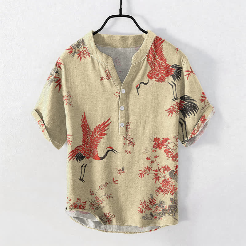 Buddha Stones Camisa de manga corta con medio botón para hombre, de algodón rojo con estampado floral de grullas. - Trigo - US/UK/AU50, EU60 (5XL) - image 5