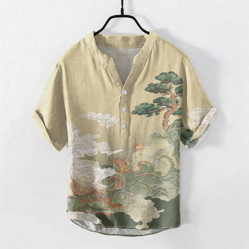 Buddha Stones Camisa de manga corta con medio botón para hombre, con estampado de olas de pino y tinta de algodón. - Caqui - US/UK/AU50, EU60 (5XL) - image 0