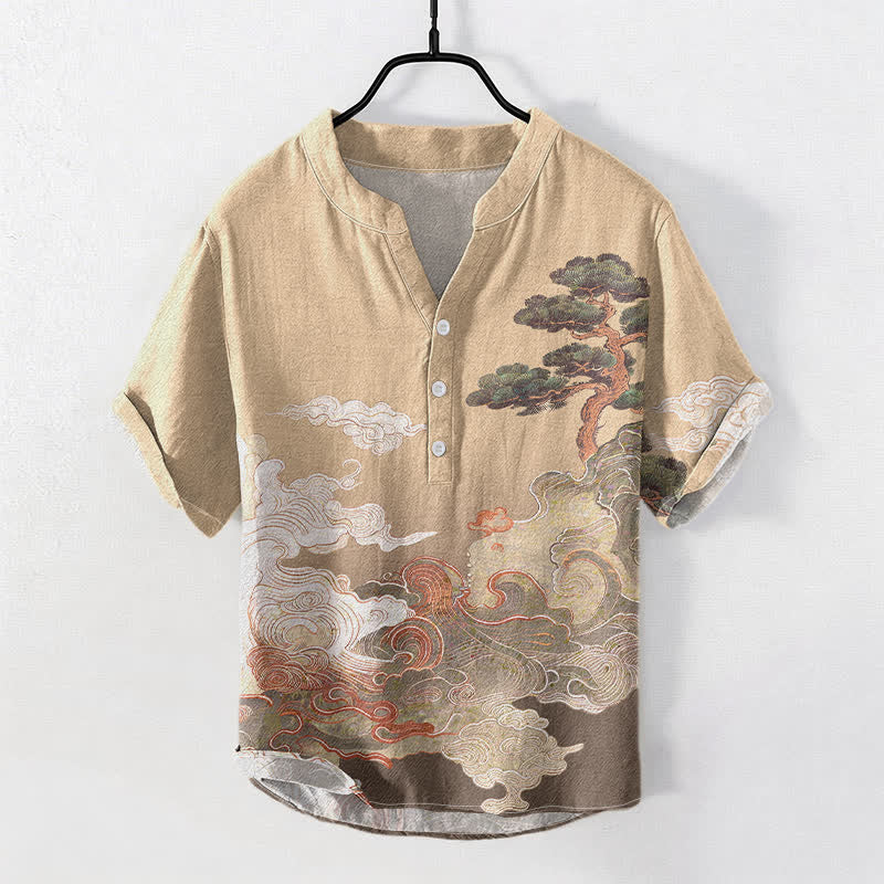 Buddha Stones Camisa de manga corta con medio botón para hombre, con estampado de olas de pino y tinta de algodón. - BurlyWood - US/UK/AU50, EU60 (5XL) - image 3