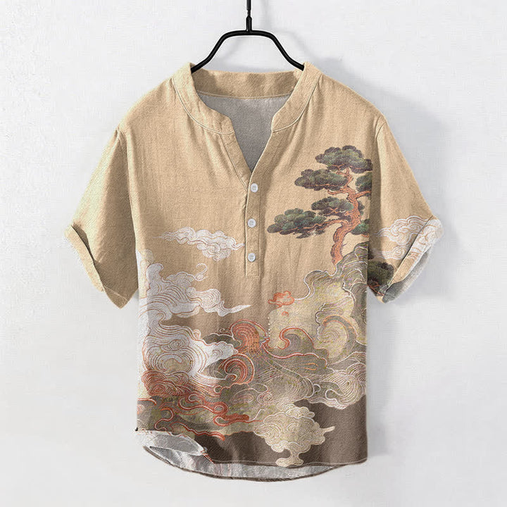 Buddha Stones Camisa de manga corta con medio botón para hombre, con estampado de olas de pino y tinta de algodón. - BurlyWood - US/UK/AU50, EU60 (5XL) - image 3