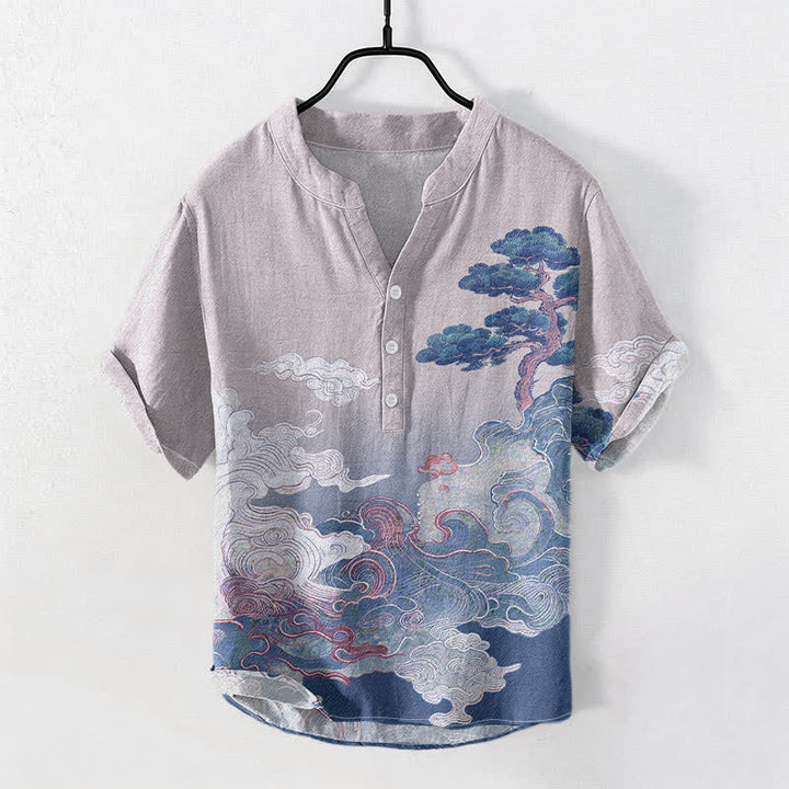 Buddha Stones Camisa de manga corta con medio botón para hombre, con estampado de olas de pino y tinta de algodón. - Lavanda - US/UK/AU50, EU60 (5XL) - image 5