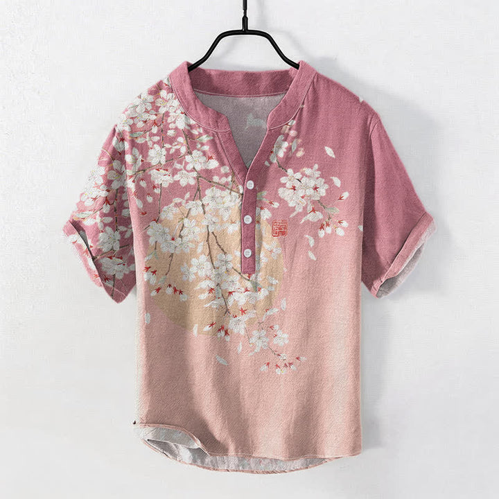 Buddha Stones Camisa de manga corta con medio botón para hombre, de algodón puro, con estampado de acuarela de flores de cerezo. - rosa claro - US/UK/AU50, EU60 (5XL) - image 0