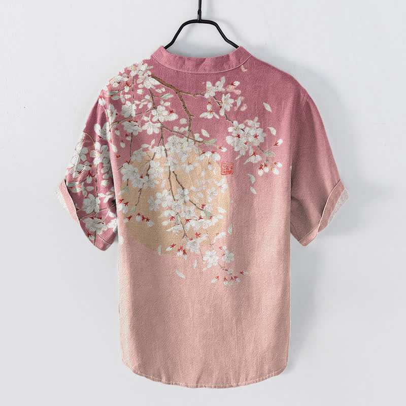 Buddha Stones Camisa de manga corta con medio botón para hombre, de algodón puro, con estampado de acuarela de flores de cerezo. - image 1