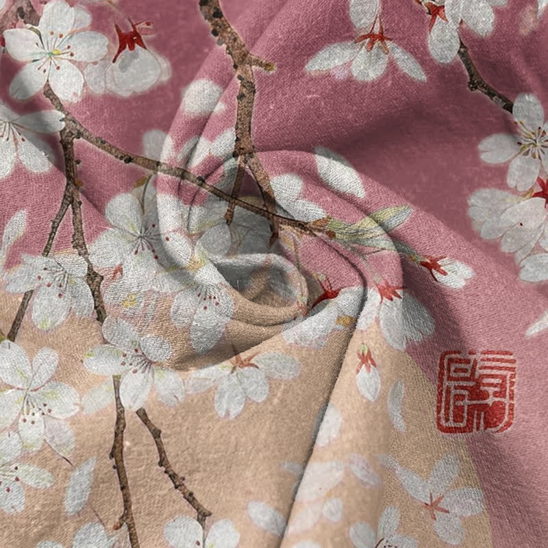 Buddha Stones Camisa de manga corta con medio botón para hombre, de algodón puro, con estampado de acuarela de flores de cerezo. - image 2